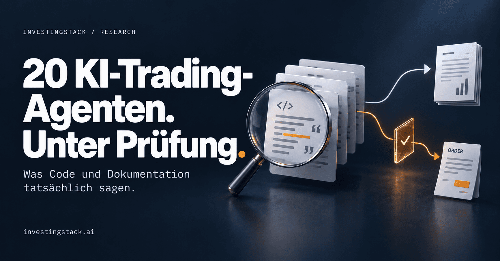 20 KI-Trading-Agenten unter Prüfung. Eine Lupe untersucht Repository-Dokumente. Getrennte Pfade führen zu einem Research-Bericht und einem Orderbeleg.
