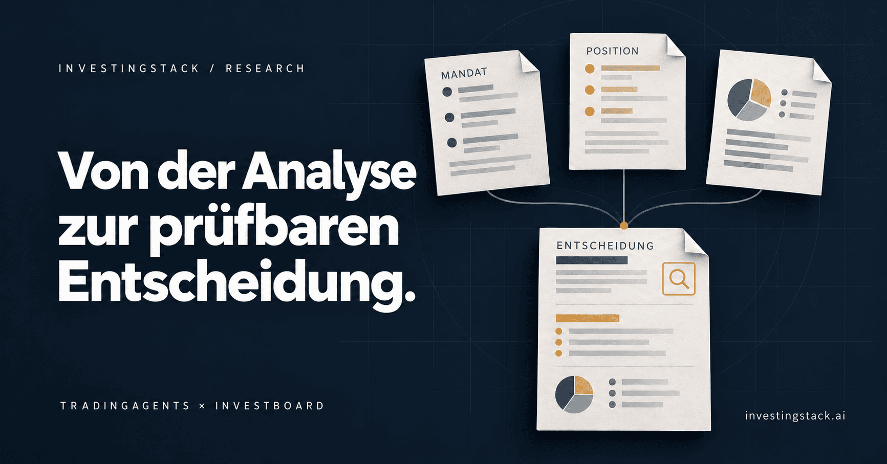 Von der Analyse zur prüfbaren Entscheidung. Research, Regeln und Bestände fließen in einen prüfbaren Nachweis ein. TradingAgents und Investboard.