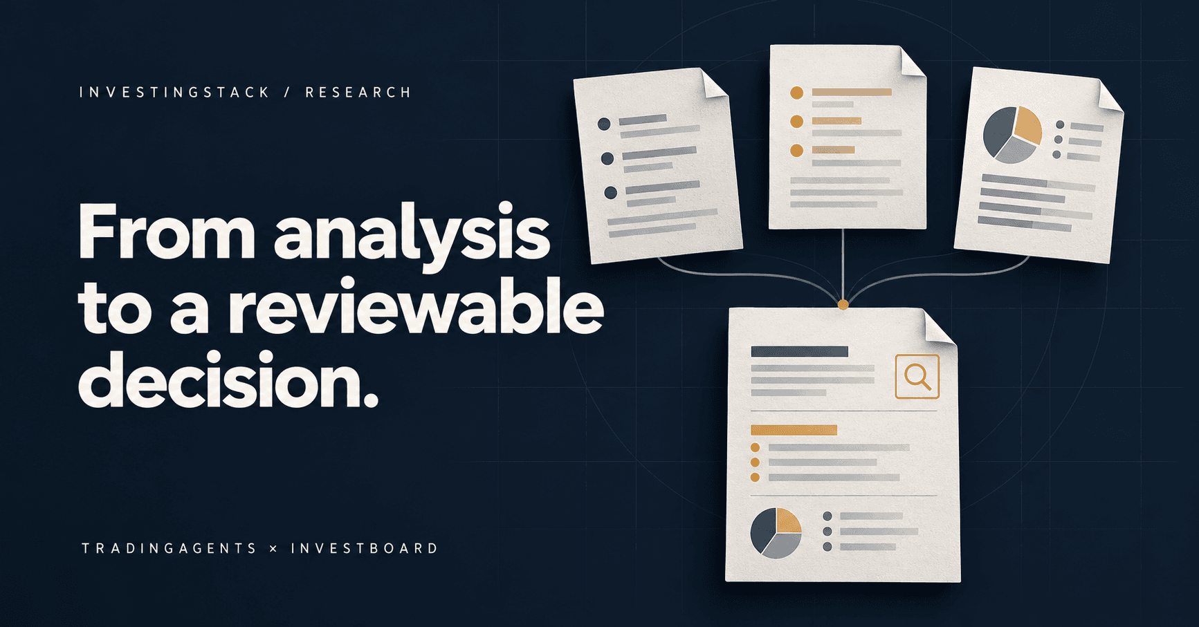 From analysis to a reviewable decision. Research, policy and holdings documents converge into a record for review. TradingAgents and Investboard.